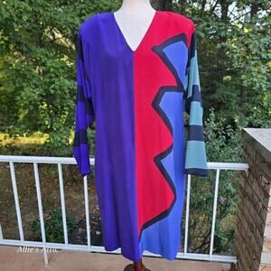 80s 90s Art to Wear Mosswear Purple Red LS Shift Dress Hand Painted 100% Silk L